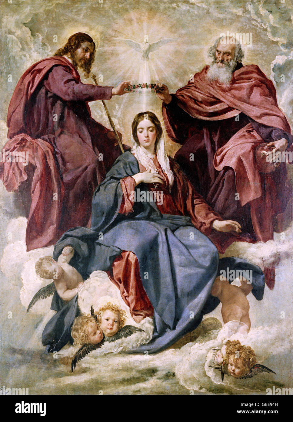 fine arts, Velazquez, Diego Rodriguez de Silva y (1599 - 1660), painting 'Coronacion de la Virgen' (The Coronation of the Virgin), 1641 - 1644, oil on canvas, Prado, Madrid, Stock Photo