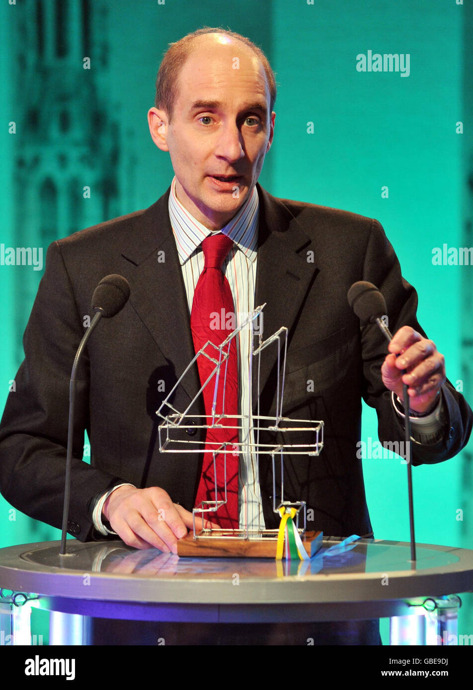 Lord Adonis addresses the audience after winning the Peer of the year award, during the Channel 4 News political awards ceremony in London. Stock Photo