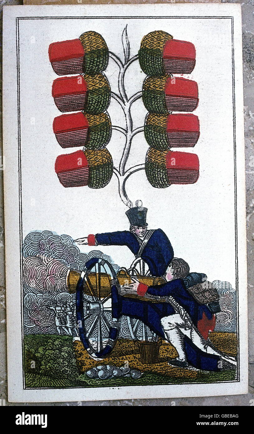 games, card game, German card, clubs 8, with image of a Prussian artillery from the war of liberation, 1813 - 1815, 19th century, historic, historical, cannon, cannons, loose off, loose, loosing off, loosing, card game, card games, playing card, playing cards, people, Additional-Rights-Clearences-Not Available Stock Photo