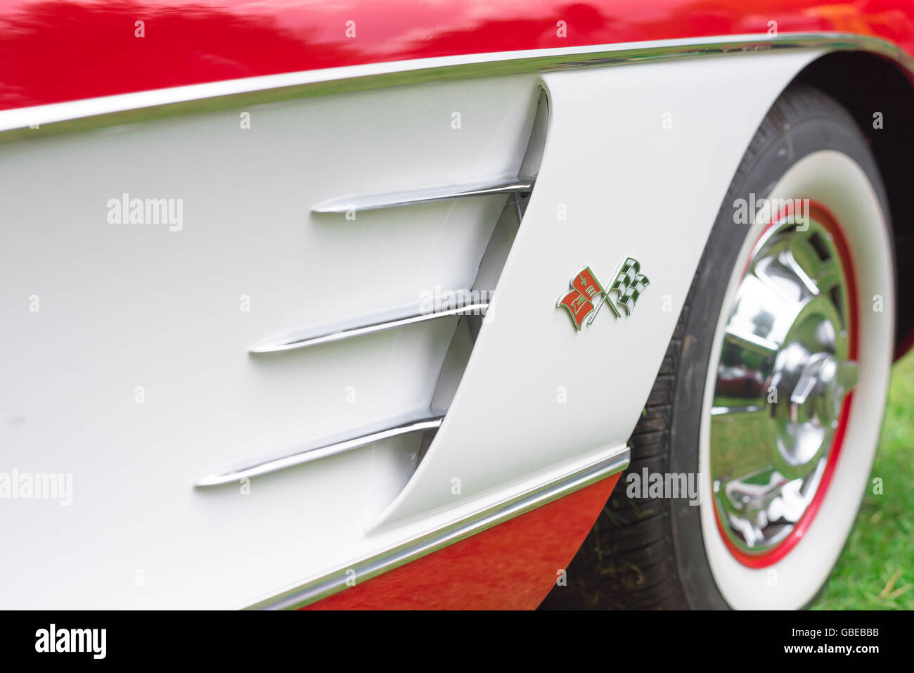 Detail of the side panel of a 1958 Corvette Stingray Convertible car. Stock Photo