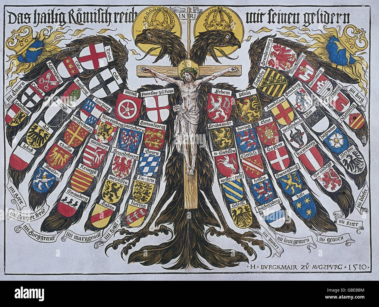 heraldry, coat of arms, Holy Roman Empire, imperial eagle with the territory arms, coloured woodcut by Jost de Negker after Hans Burgkmair the Elder, Augsburg, 1510, Additional-Rights-Clearences-Not Available Stock Photo