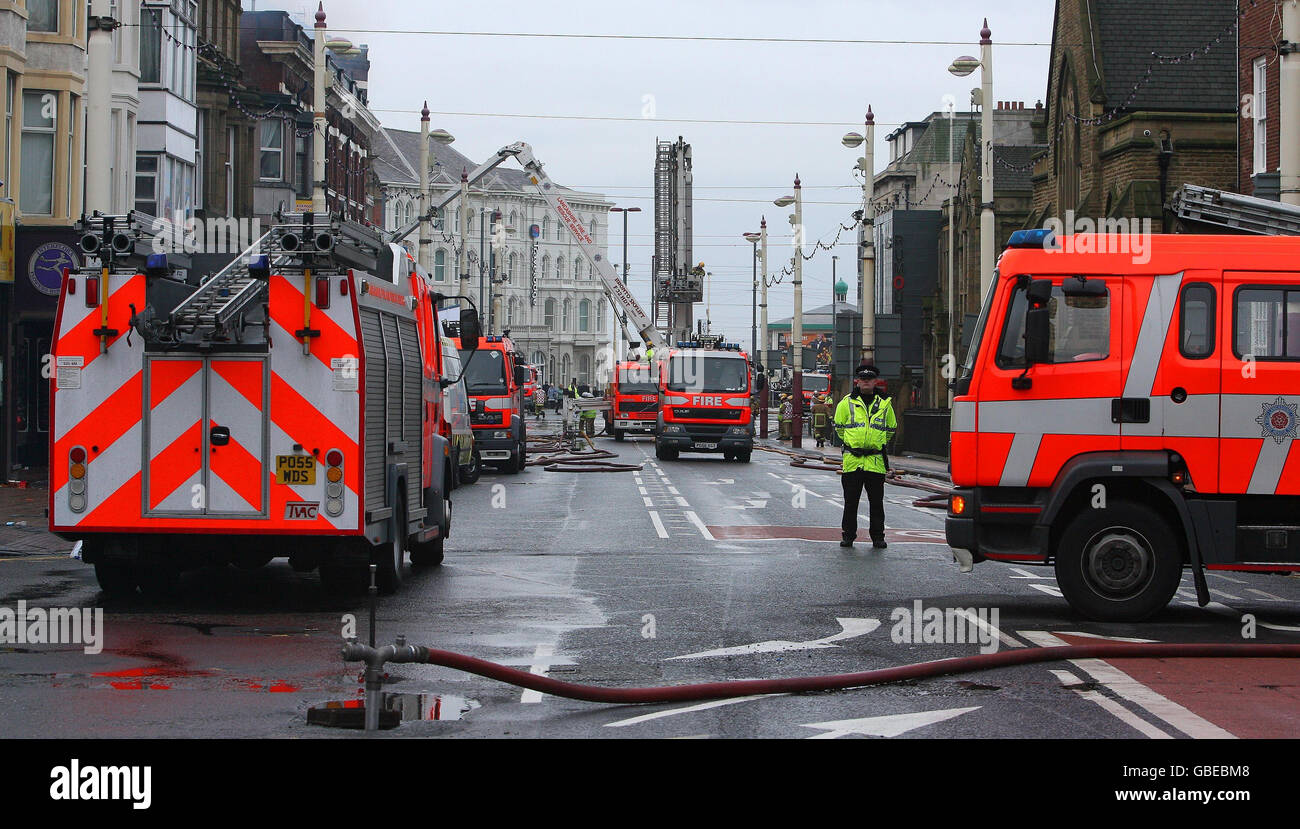 Shopping arcade fire. Firefighters tackle a blaze at a shopping centre in Blackpool. Stock Photo
