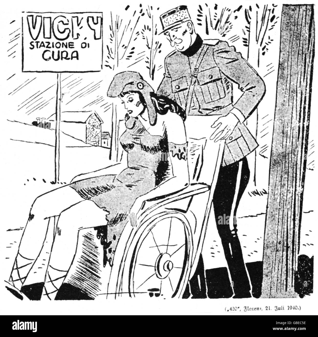 events, Second World War / WWII, propaganda, Germany, cartoon: Marshal Petain bringing France in a wheelchair to Vichy, Italian drawing, from the newspaper 'Der Stuermer', summer 1940, Additional-Rights-Clearences-Not Available Stock Photo