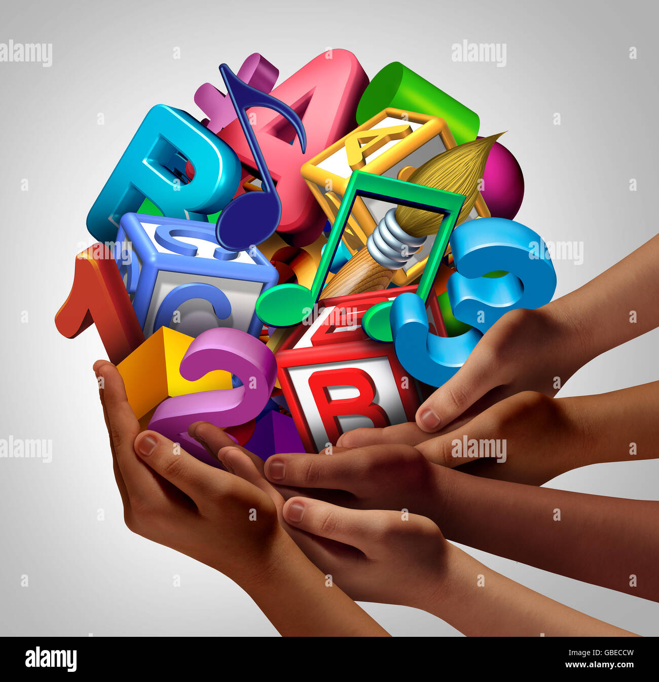 Group education partnership and community cooperation learning concept as a team of ethnic or diverse people joining together to suport symbols of school and teamwork training for students with 3D illustration elements. Stock Photo