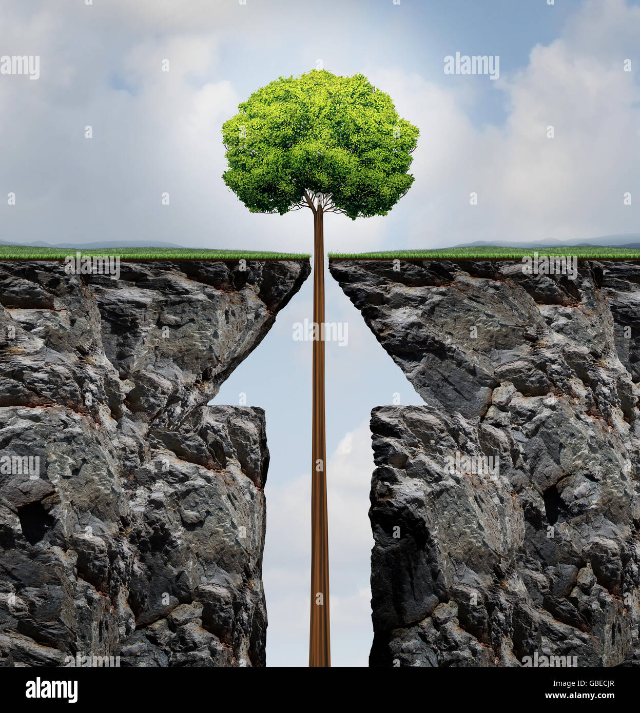Success concept or rising growth tree in business as a growing plant emerging out of a mountain cliff shaped as an upward arrow Stock Photo