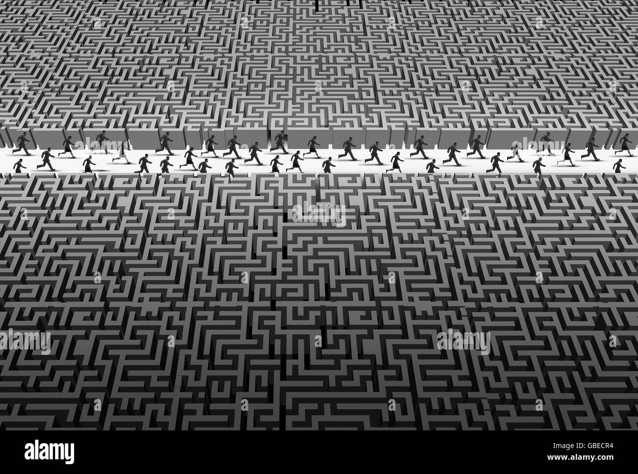Business group and social success with a teamwork of businesspeople running through a clear path inside a maze or labyrinth as a team motivation metaphor for businessmen and businesswomen achievement with 3D illustration elements. Stock Photo