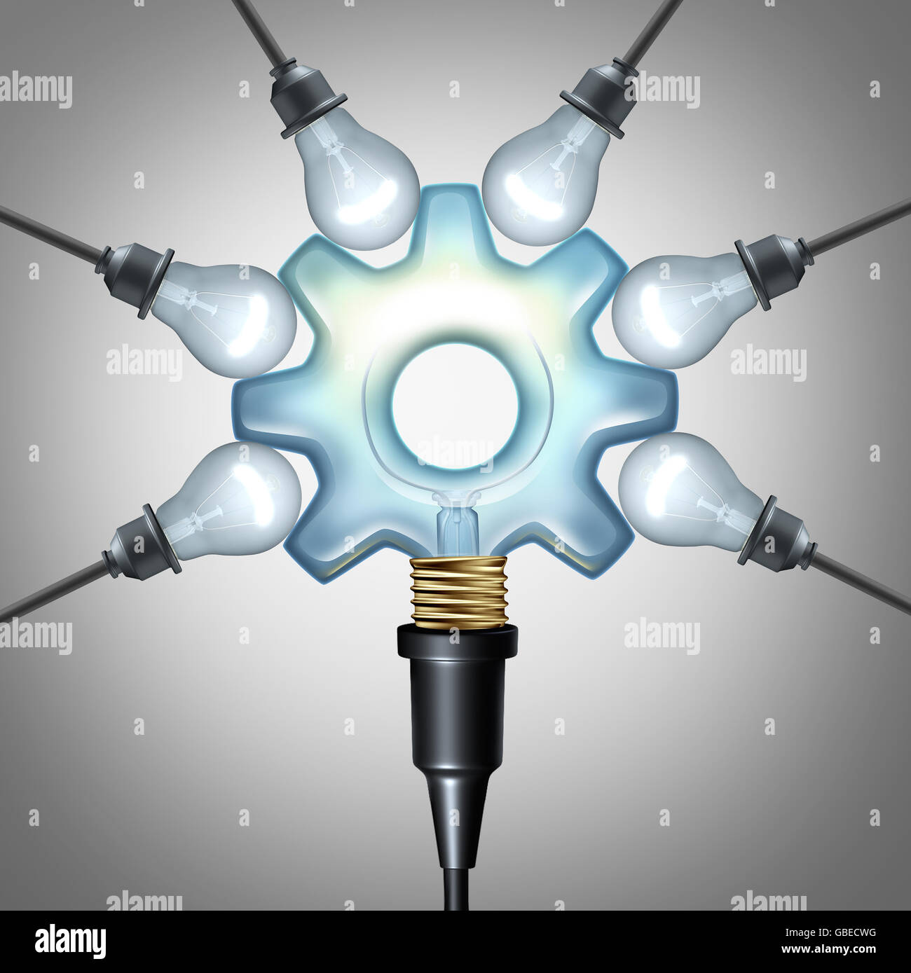 Creative economy and creativity industry concept as a center lightbulb shaped as a gear or cog connected to a group of light bulbs as a business symbol for marketing communication solution or advertising of ideas and imaginative innovation as a 3D illustr Stock Photo