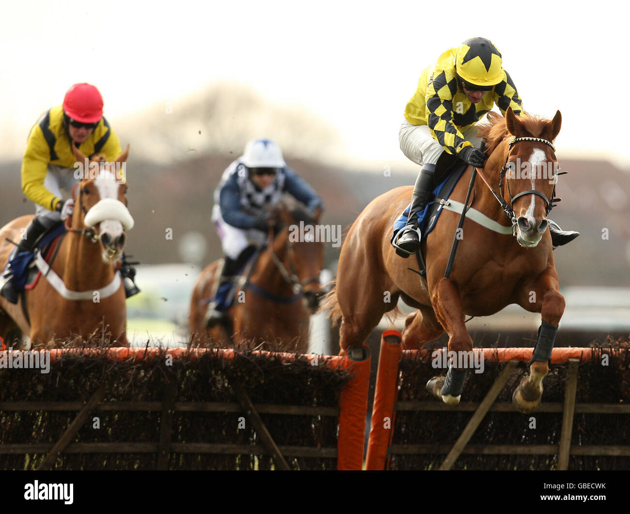Elk Trail ridden by Warren Marston jumps the last fence to win the Bet totepool On All UK Racing Juvenile Novices' Hurdle Race at Warwick Racecourse Stock Photo