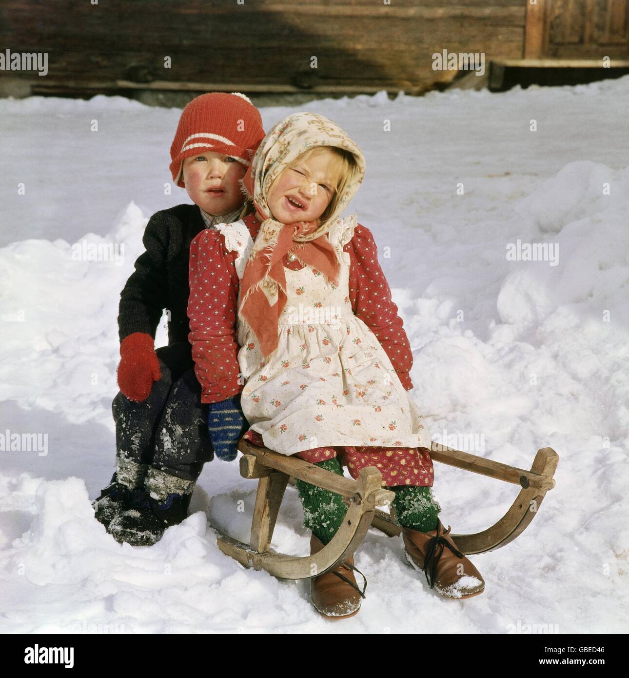 people, child, 50s year, two child on sledge, mountain farmer, , Additional-Rights-Clearences-Not Available Stock Photo