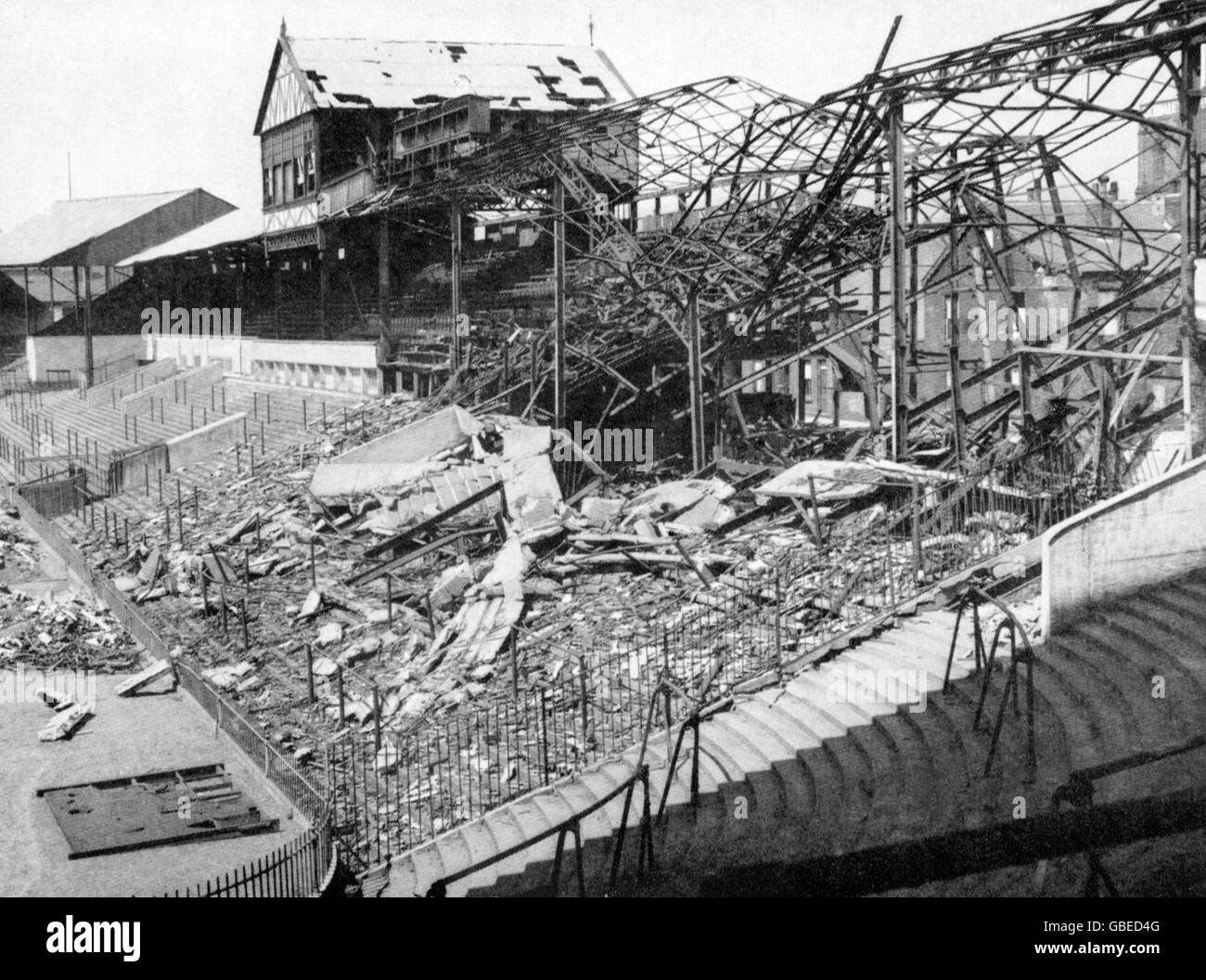 Cricket - Yorkshire. Bomb damage at Bramall Lane, Sheffield Stock Photo