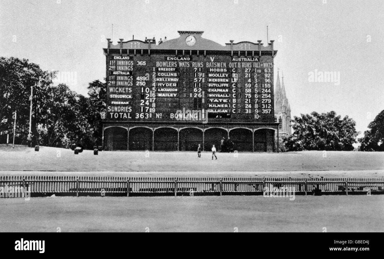 Cricket - The Ashes - Third Test - Australia v England - Seventh Day. The scoreboard shows the final score after Australia won by 11 runs to take a 3-0 lead in the Ashes series Stock Photo