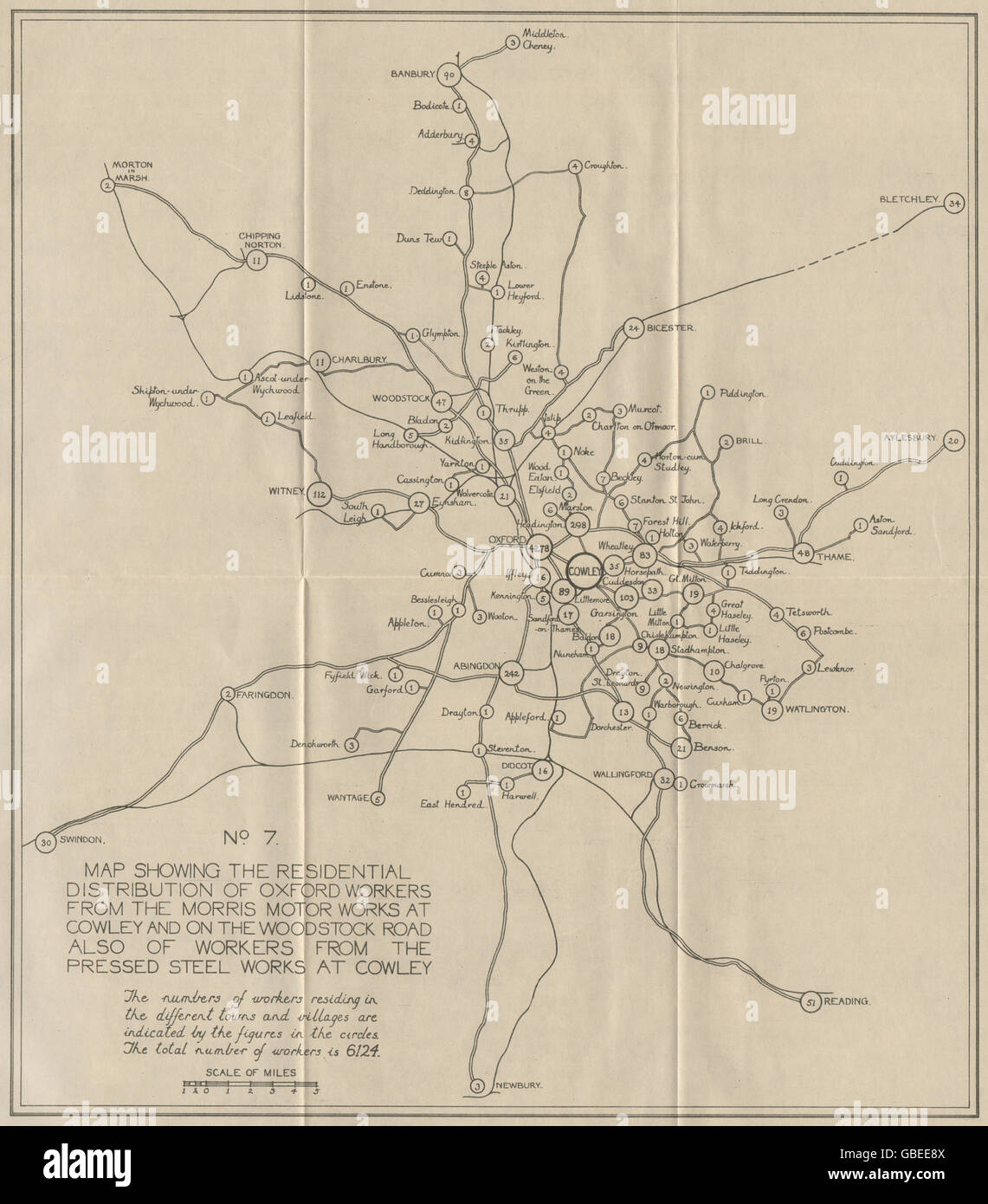 COWLEY MORRIS MOTOR WORKS: Workers' residential distribution of workers 1931 map Stock Photo