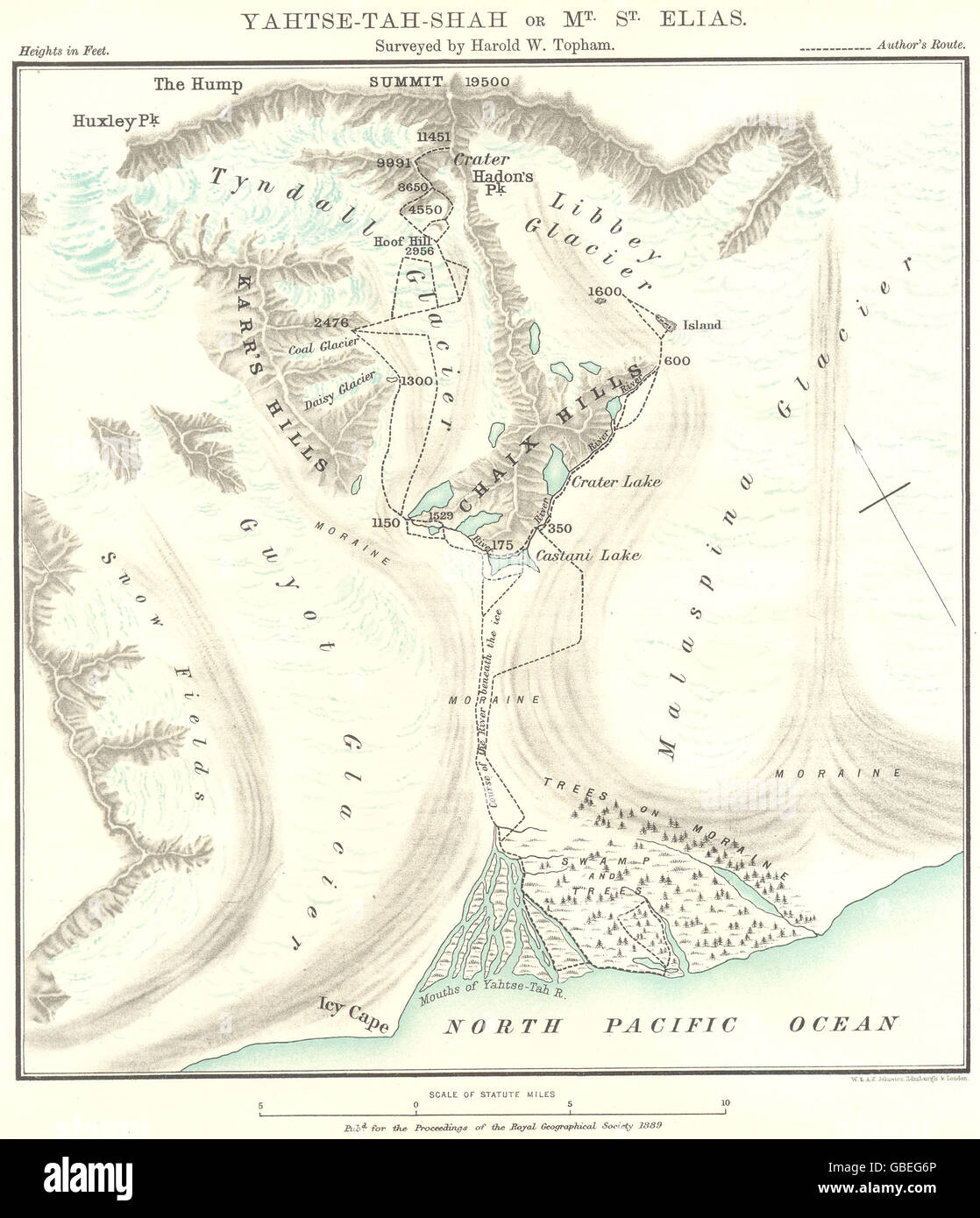 ALASKA: Yahtse-Tah-Shah Mt St Elias & Huxley. Topham survey. RGS, 1889 old map Stock Photo