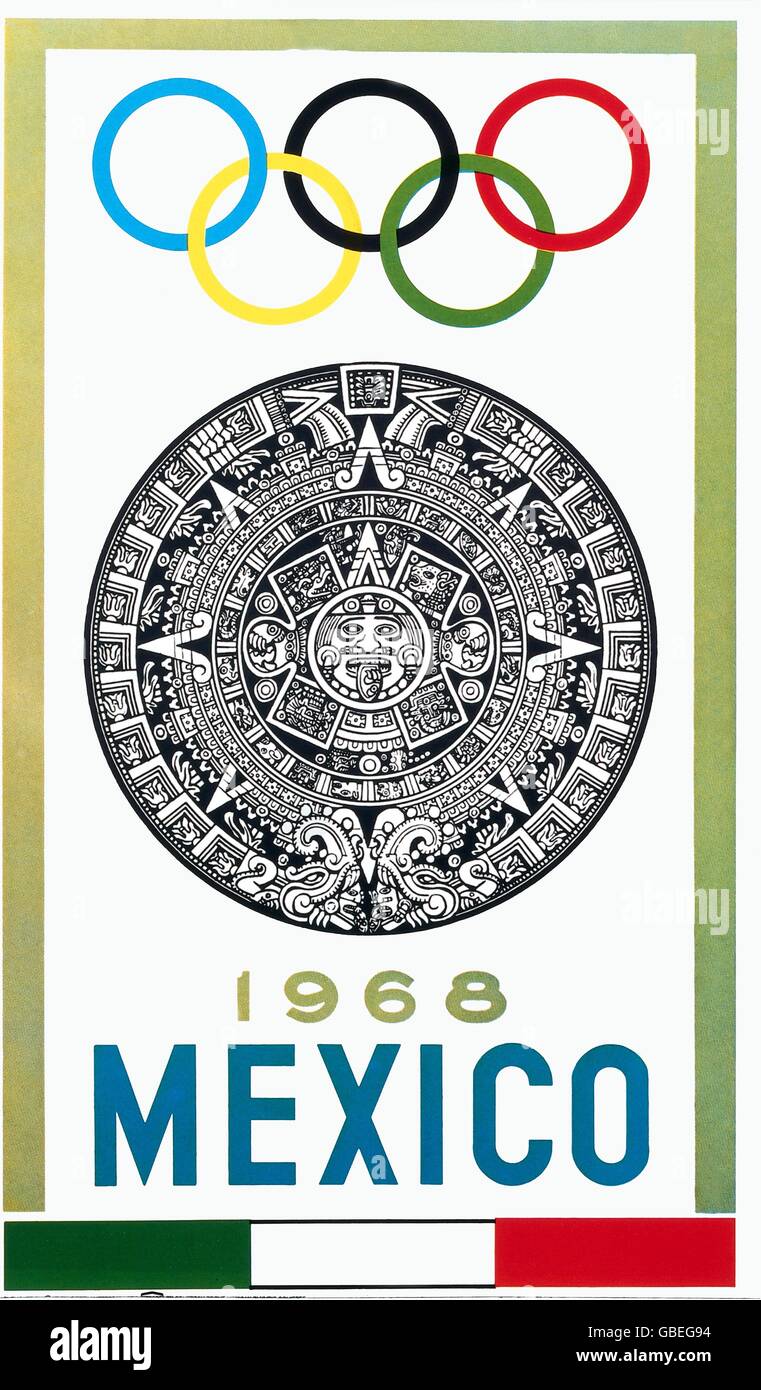 sports, Olympic Games, Mexico City 12. - 27.10.1968, poster, 1968, 19th Olympic Games, Summer Olympic Games, Summer Olympics, summer games, Ciudad de Mexico, advertising, Aztec calendar, Aztecs, Olympic ring, symbol, symbols, Mexico, Olympia, Olympic Games, Olympics, Olympiad, championship, championships, contest, contests, tournament, tourney, tournaments, tourneys, calendar, calendars, Central America, America, 1960s, 60s, 20th century, game, games, poster, bill, placard, bills, posters, placards, historic, historical, Additional-Rights-Clearences-Not Available Stock Photo