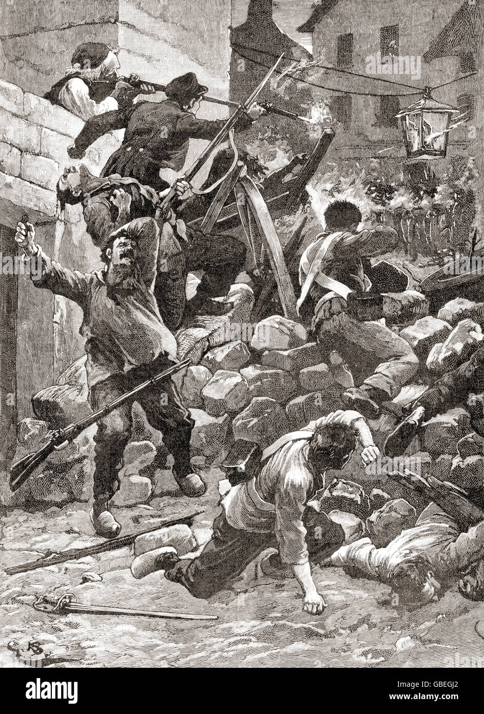 Fighting at the barricades in Paris, France during the 1848 Revolution in France, aka the February Revolution. Stock Photo