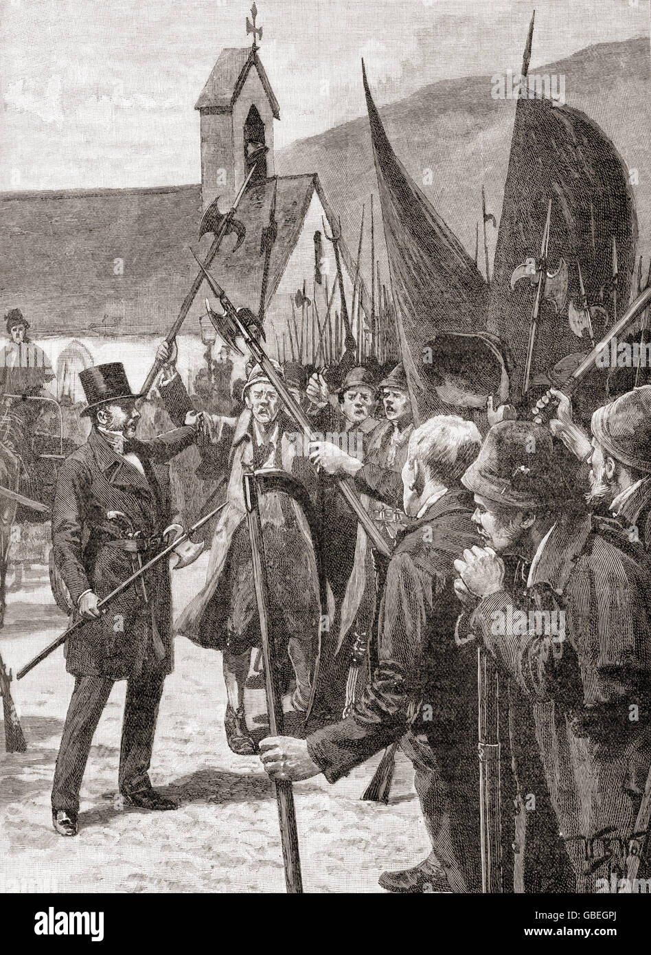 William Smith O'Brien mustering the Irish at Mullinahone, County Tipperary,  Ireland during the Rebellion of 1848.   William Smith O'Brien, 1803 – 1864.  Irish nationalist Member of Parliament and leader of the Young Ireland movement. Stock Photo