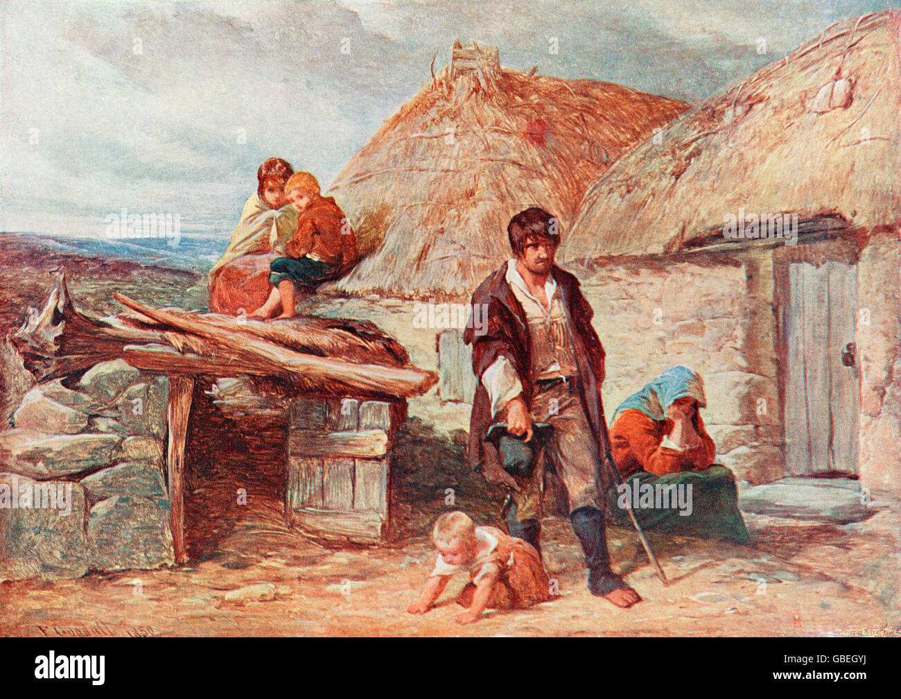 An Irish family evicted from their home during the Great Hunger in Ireland in  1850.  After the painting by F. Goodall. Stock Photo