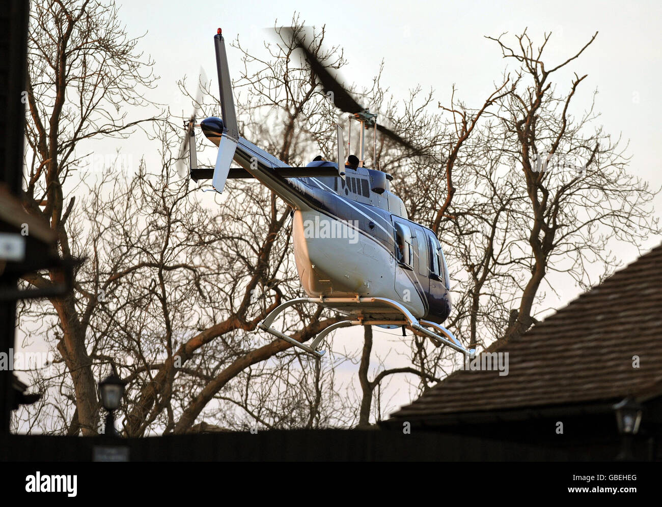 A Helicopter with Jade Goody inside, leaves from the garden next to of the home of Goody, taking her to a near-by hotel for her wedding to fiancee Jack Tweed. Stock Photo