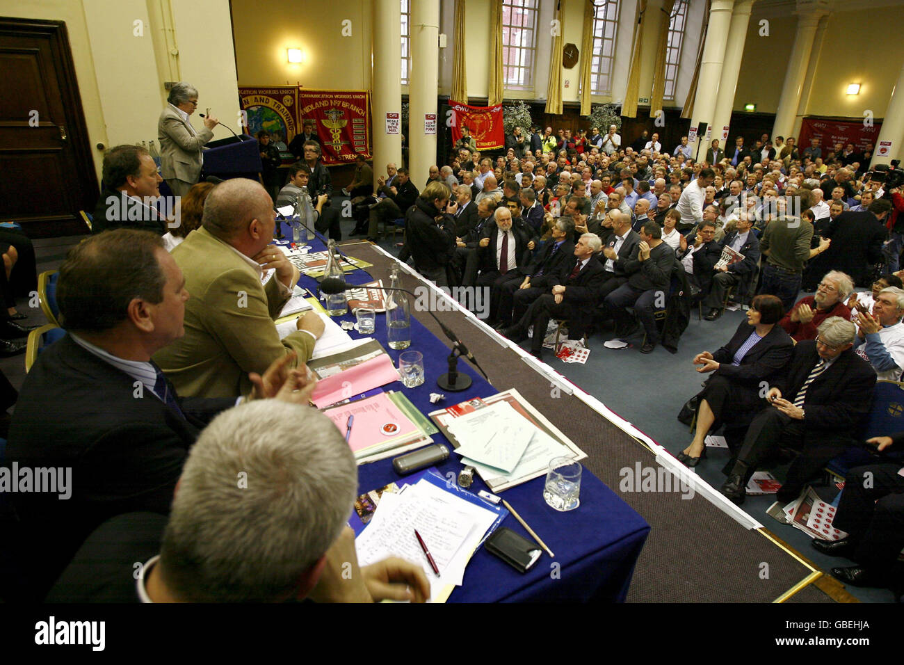 A rally organised as part of the CWU campaign against the privatisation of Royal Mail, takes inside Methodist Central Hall in Westminster, central London. Stock Photo