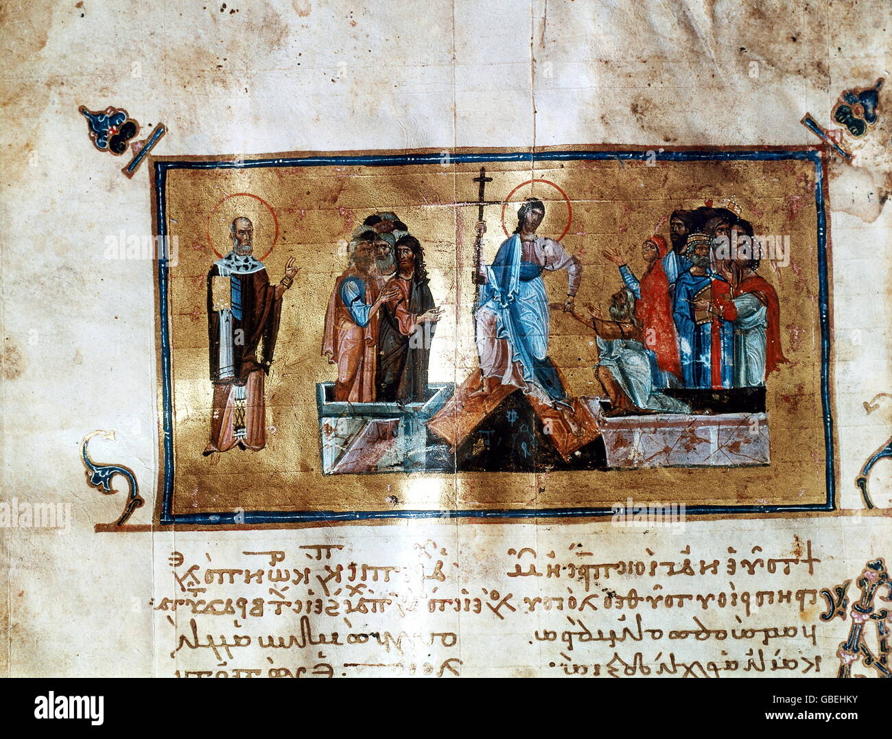 fine arts, religious art, resurrection Christi, illuminated manuscript to a script by Gregory of Naizanz, 11th century, Jerusalem, Greek patriarchate, Stock Photo
