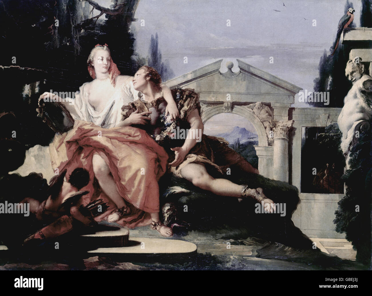 fine arts, Tiepolo, Giovanni Battista (1696 - 1770), painting 'Rinaldo and Armida', circa 1752, oil on canvas, 105 x 140 cm, Alte Pinakothek, Munich, Stock Photo