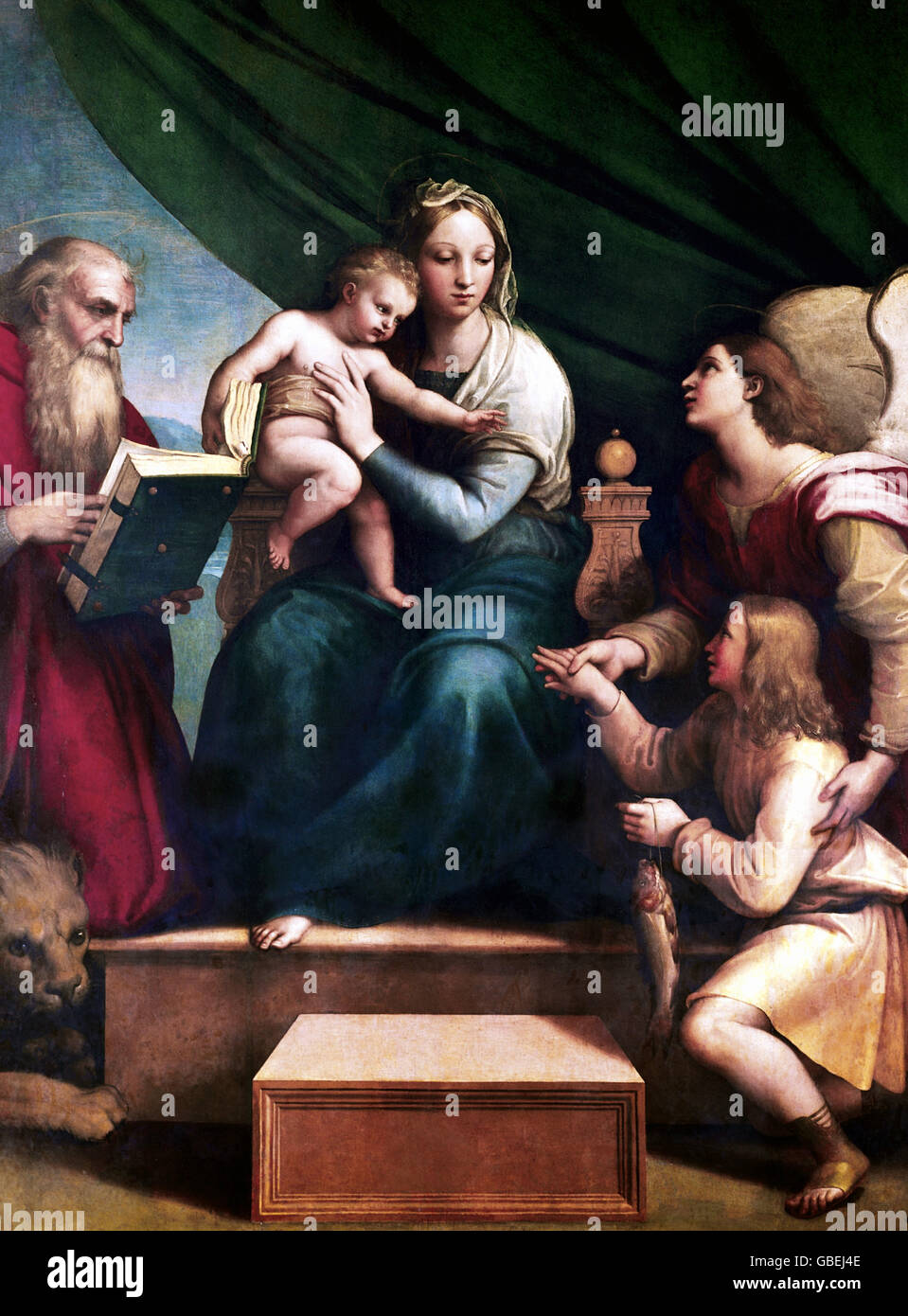 fine arts, religious art, madonnas with child, painting 'Madonna of the Fish', by Raphael (1483-1520), Prado, Madrid, Stock Photo