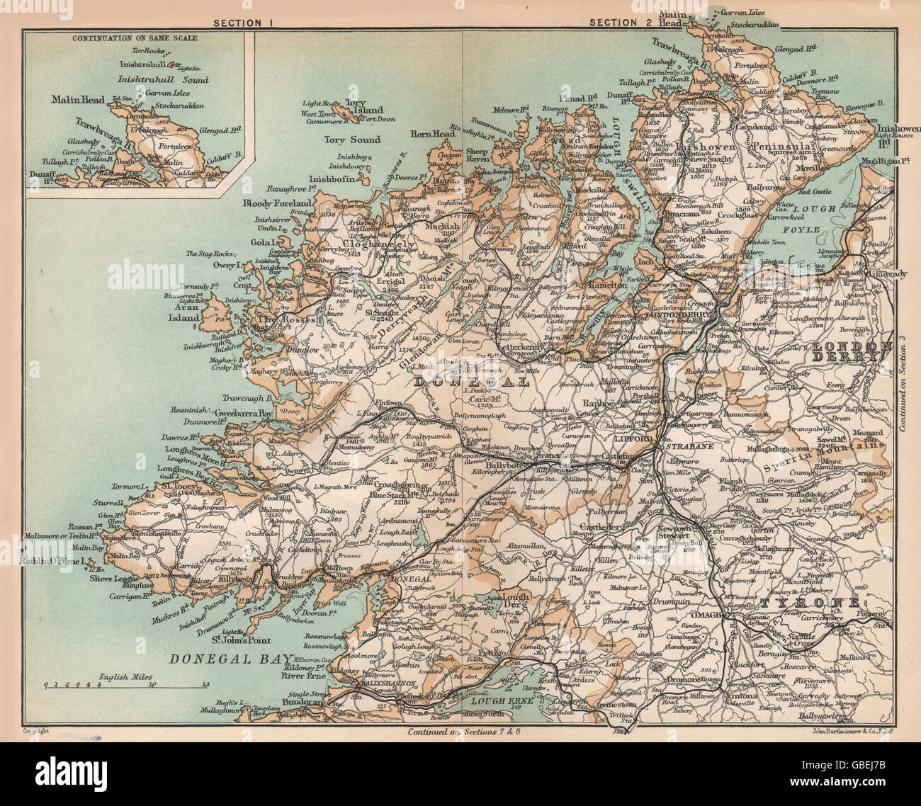 DONEGAL Map. Part of Tyrone & Londonderry. Ireland. STANFORD, 1908