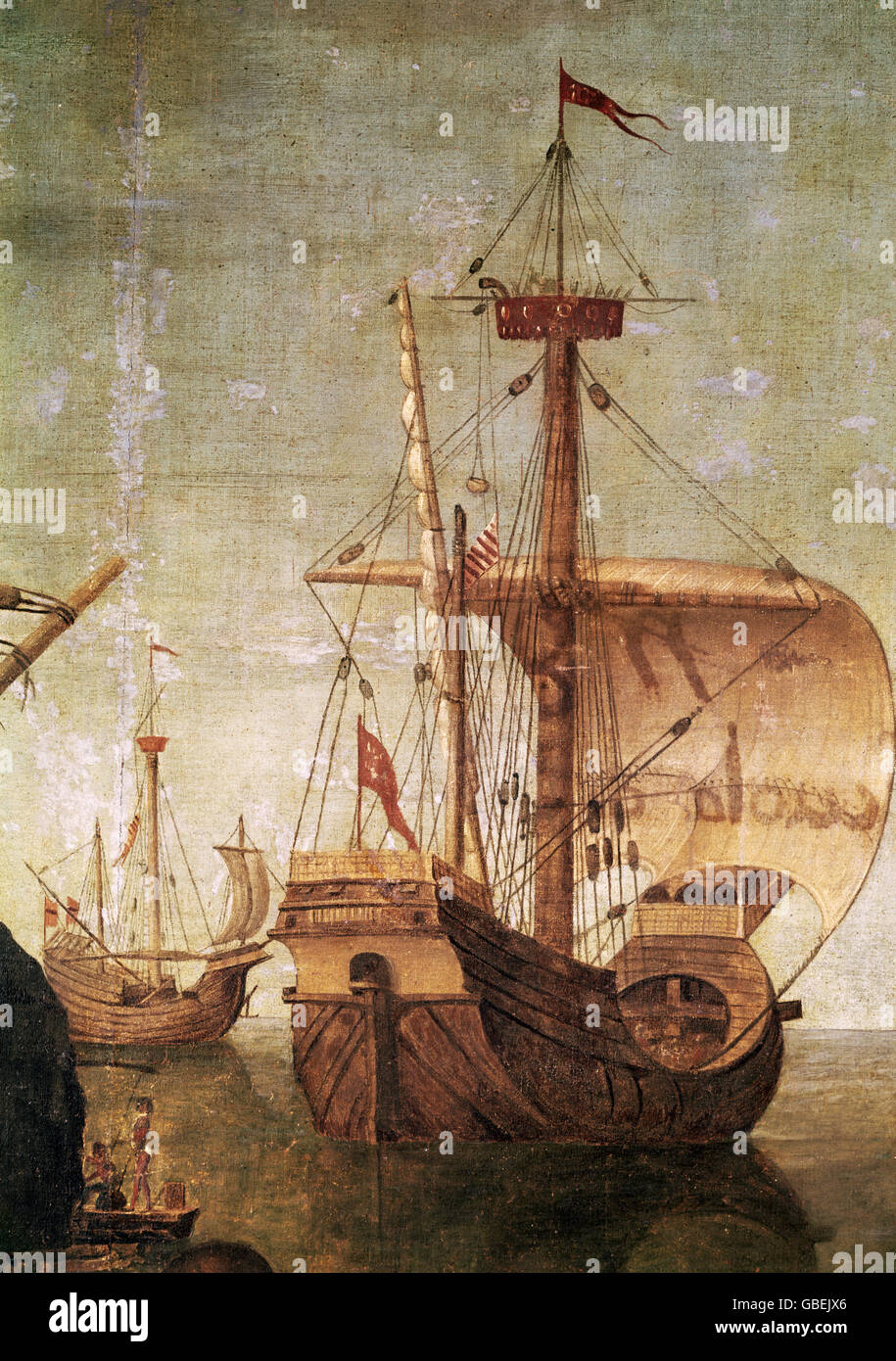 transport / transportation, navigation, sailing ships, carrack, detail from the painting 'Legend of Saint Ursula', by Vittore Carpaccio (ca. 1455 - 1526), circa 1495, Accademia Venezia, Additional-Rights-Clearences-Not Available Stock Photo