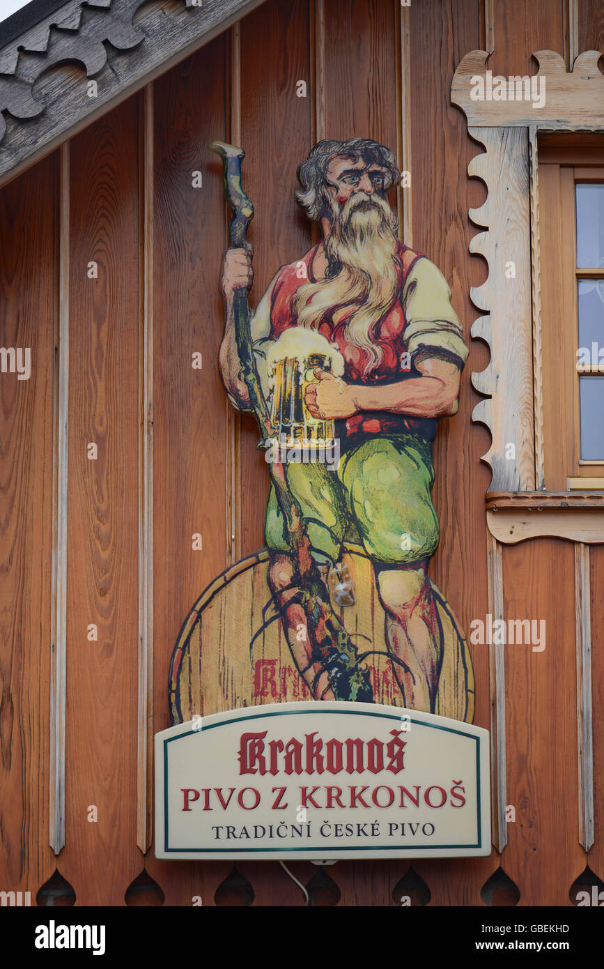 Riese Ruebezahl, Restaurant, Bierwerbung, Karpacz, Niederschlesien, Polen Stock Photo