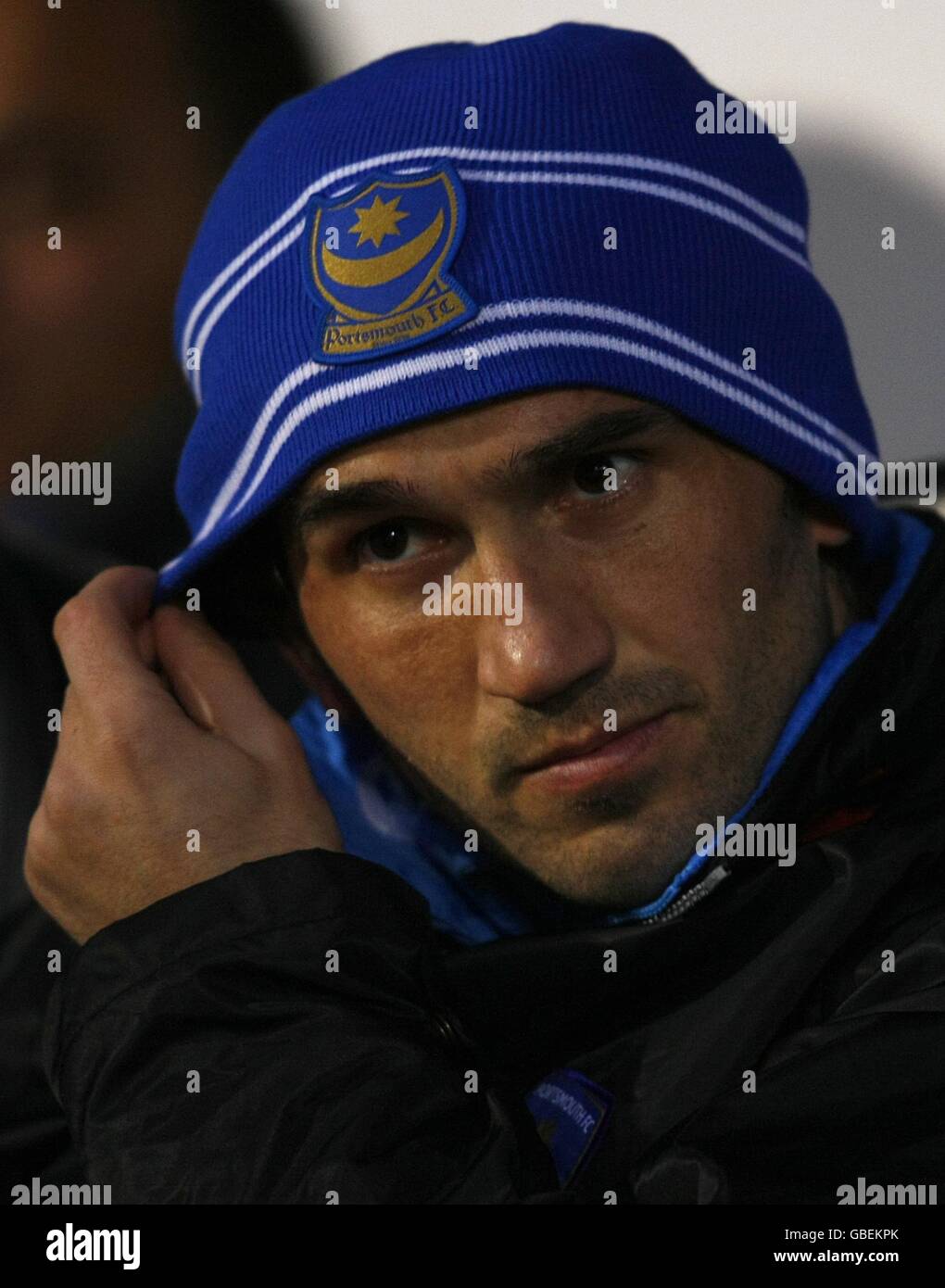 Soccer - Barclays Premier League - Portsmouth v Liverpool - Fratton Park. Portsmouth's new signing Theofanis Gekas on the bench. Stock Photo