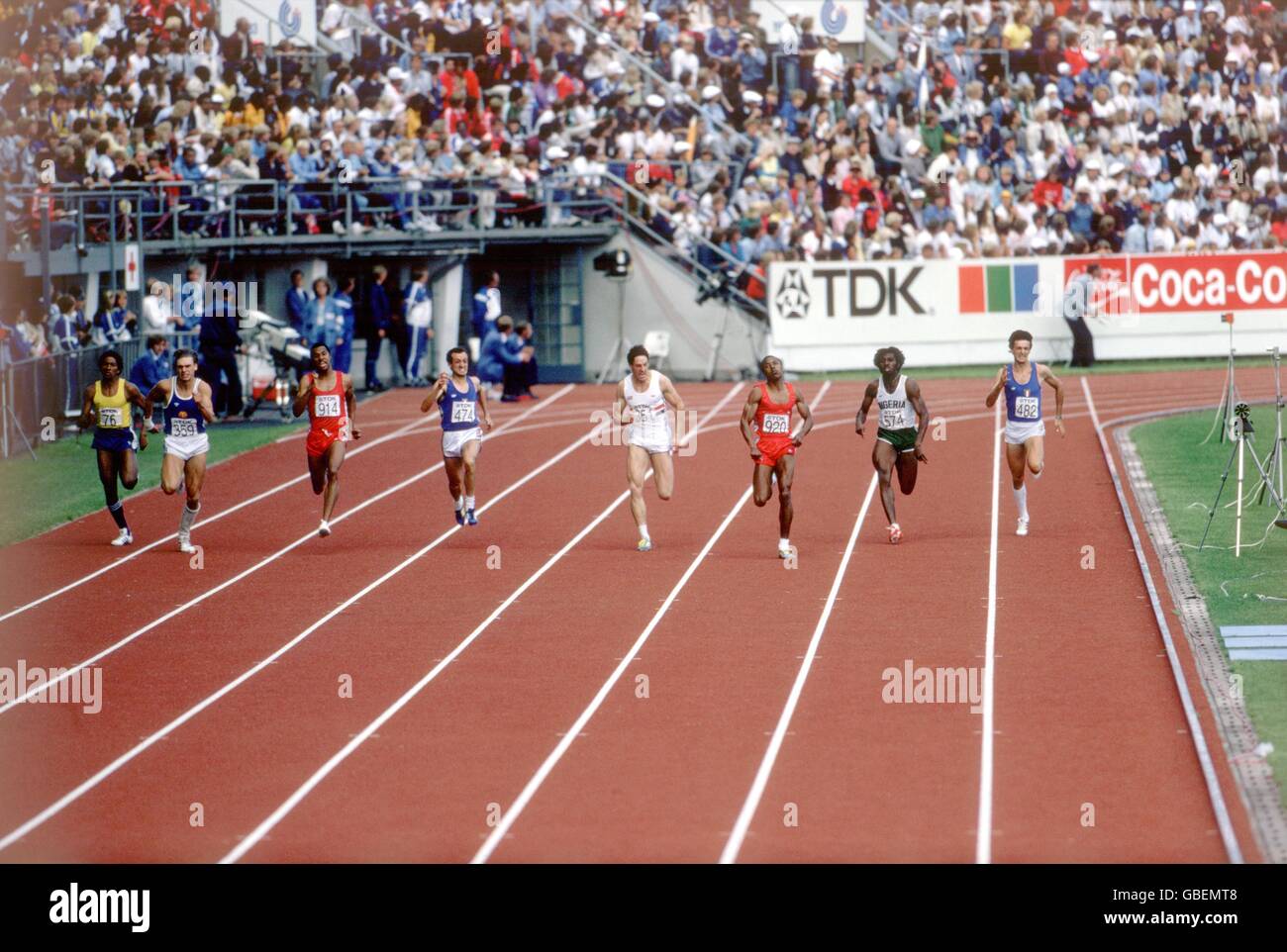 USA's Calvin Smith (third r) leads from teammate Elliott Quow (third l), Italy's Pietro Mennea (fourth l), Great Britain's Alan Wells (fourth r), East Germany's Frank Emmelmann (second l), Nigeria's Innocent Egbunike (second r), Italy's Carlo Simionato (r) and Brazil's Joao Batista Da Silva (l) Stock Photo