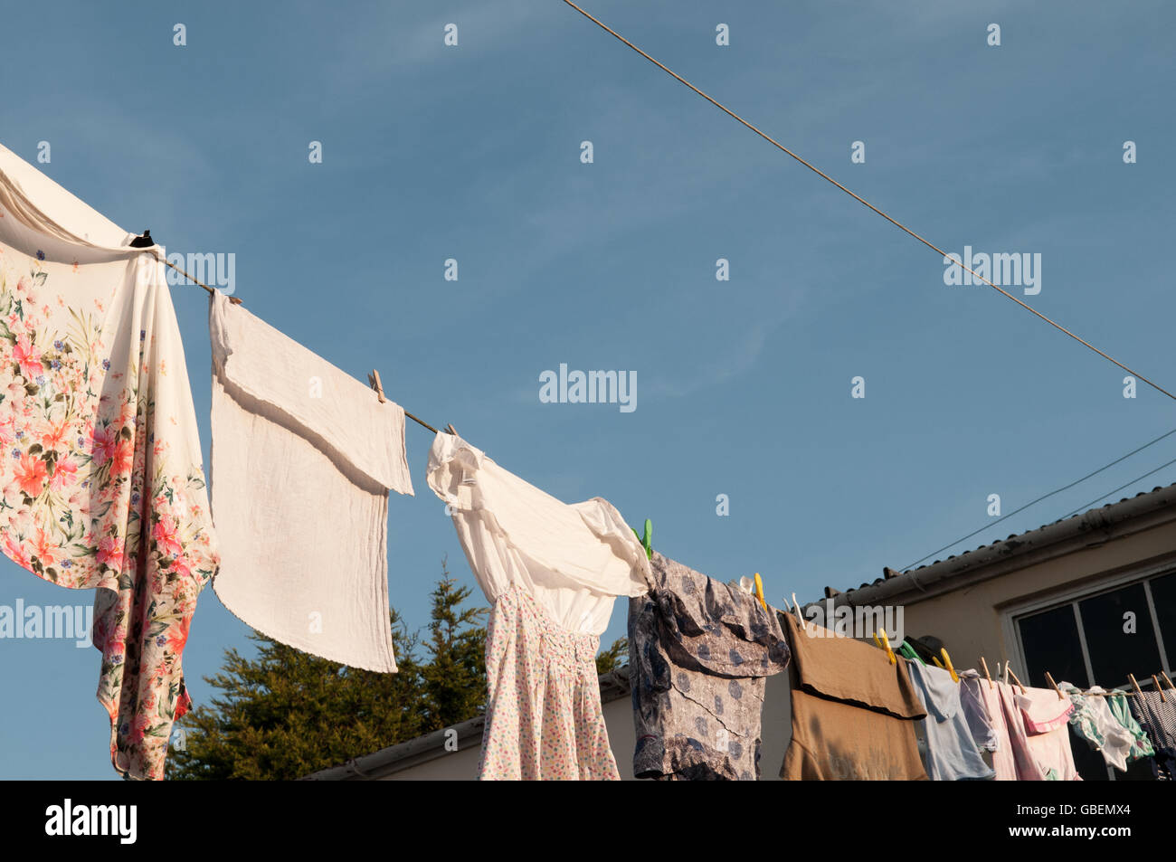 Clothes hanging out to dry on the washing line Stock Photo
