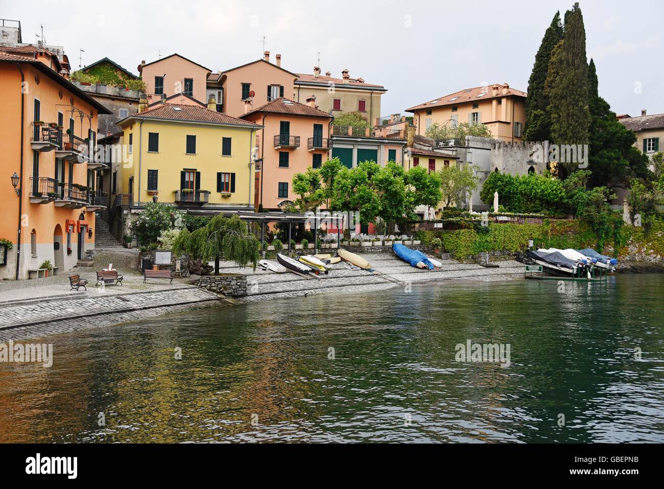 houses, coast, Varenna, Lake Como, Lago di Como, Lecco Province, Lombardy, Italy Stock Photo