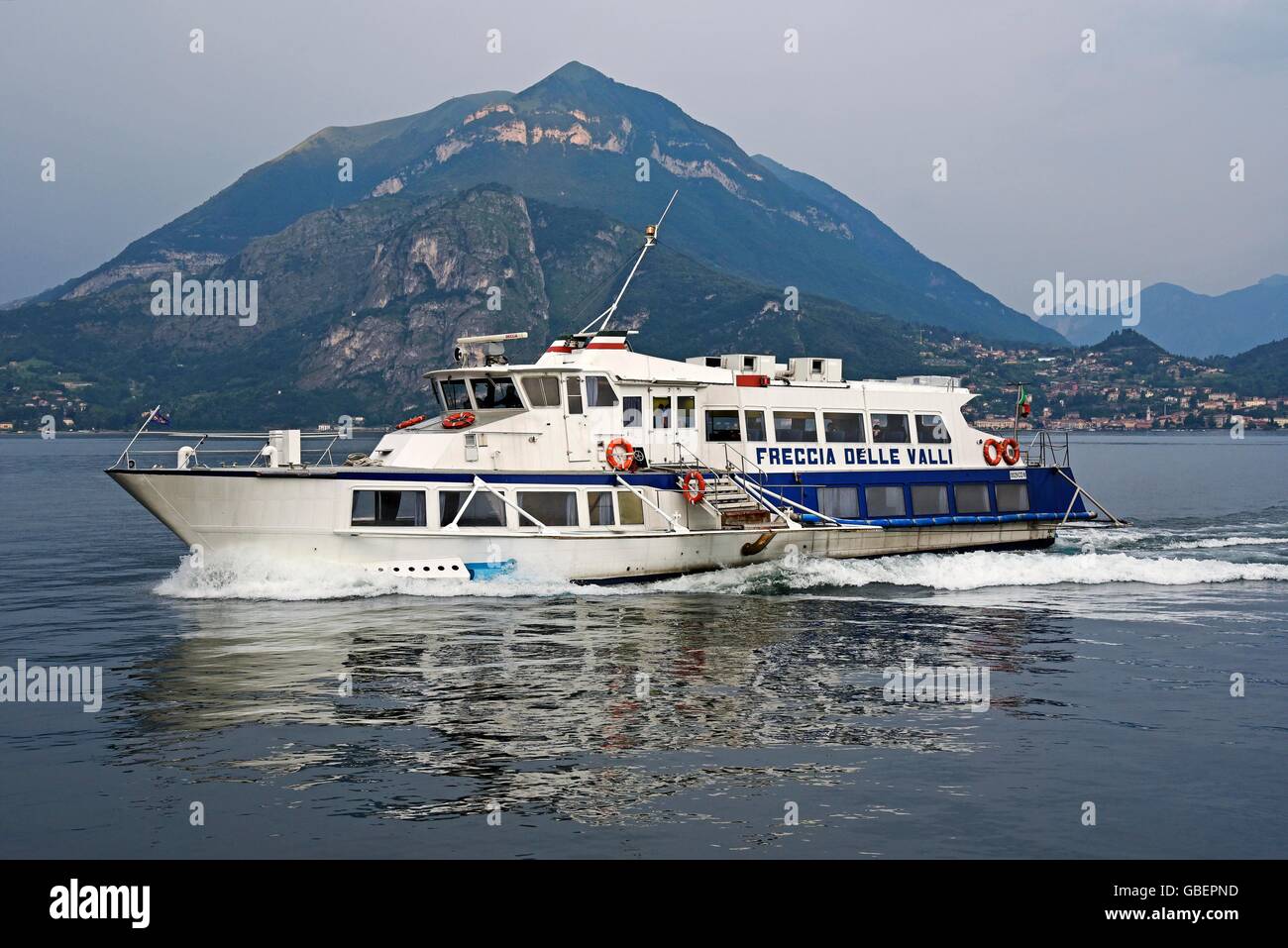 ferry, Freccia delle Valli, ship traffic, Varenna, Lake Como, Lago di Como, Lecco Province, Lombardy, Italy Stock Photo