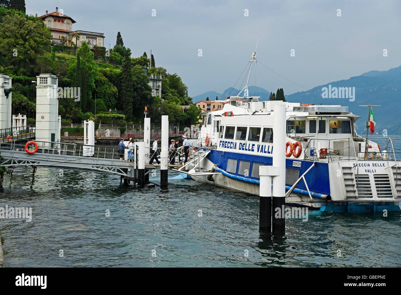 ferry, Freccia delle Valli, ship traffic, pier, Mole, Varenna, Lake Como, Lago di Como, Lecco Province, Lombardy, Italy Stock Photo