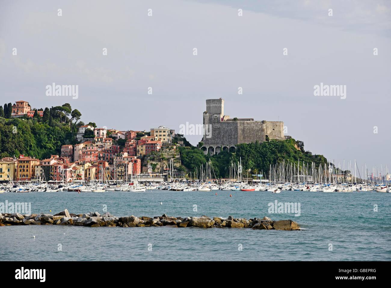 cityscape, castle, Hafen, Lerici, La Spezia Province, Liguria, Italy Stock Photo