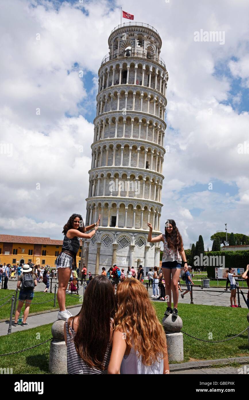 tourists, leaning tower, bell tower, Piazza del Duomo, square, Pisa, Tuscany, Italy Stock Photo