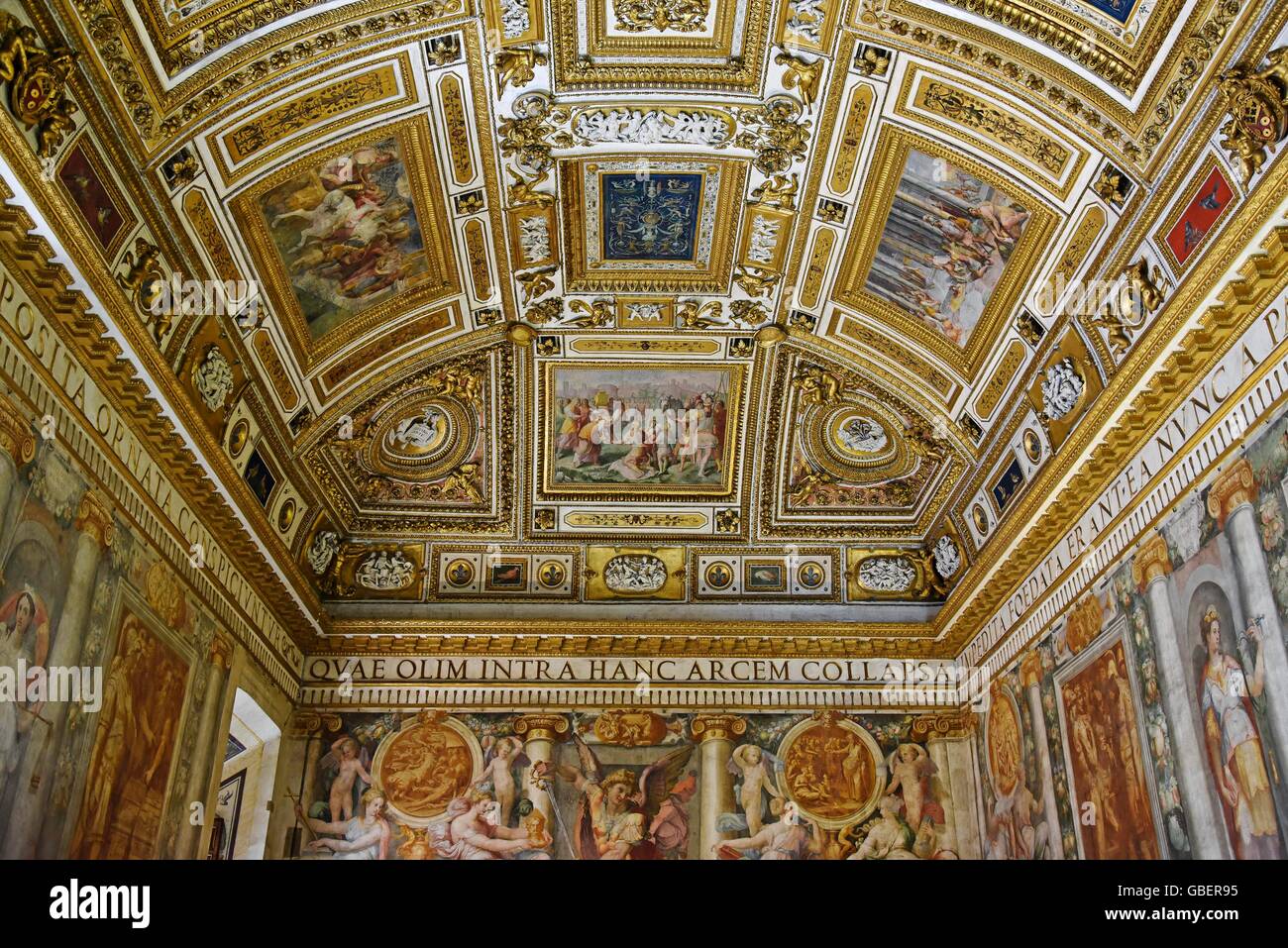 Ceiling paintings, paintings, golden decorations, Sala Paolina, Pope's chamber, Castel Sant Angelo, Sant Angelo, castle, museum, Rome, Lazio, Italy Stock Photo