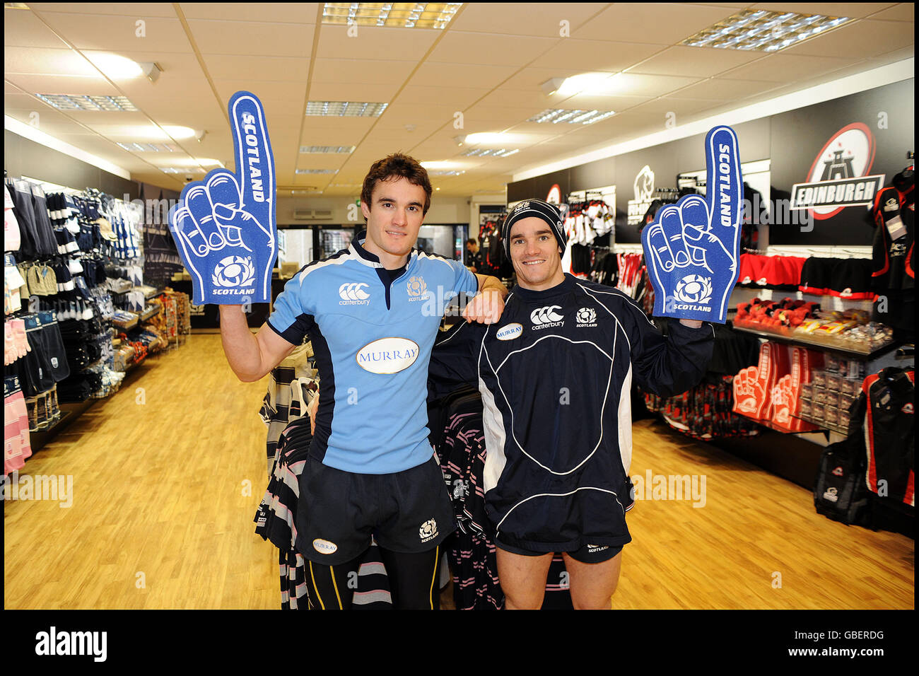 Rugby Union - New Rugby Store At Murrayfield. Thom and Max Evans promote  Murrayfields newly opened Rugby Store (under the west stand) which was  recently refurbished and doubled in size Stock Photo -