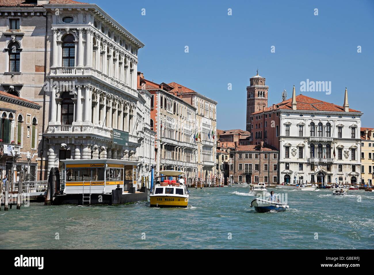 ship traffic, boat stop, gondolas, boats, palaces, Canal Grande, Grand Canal, canal, Venice, Venezia, Veneto, Italy Stock Photo