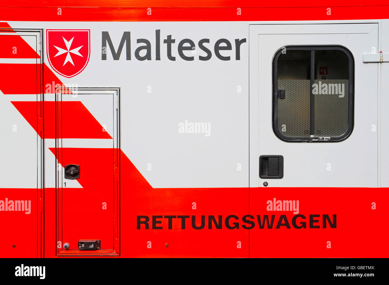 Malteser Hilfsdienst, emergency vehicle, logo, ambulance, civil protection, Germany Stock Photo