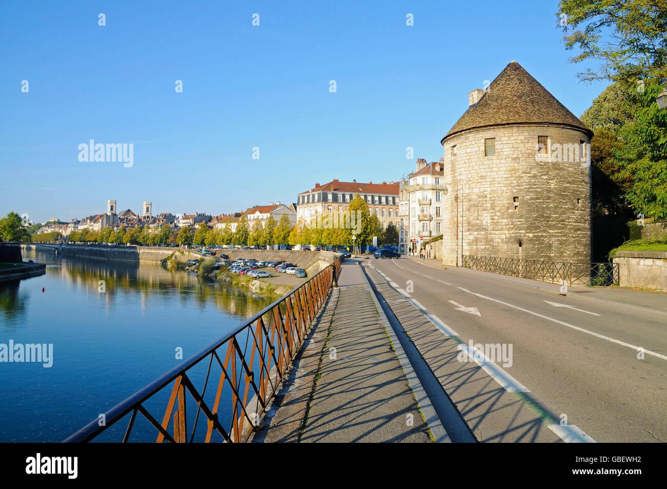 Tour de la Pelote, city tower, riverside, Quai de Strasbourg, river Doubs, Besancon, Departement Doubs, Franche-Comte, France Stock Photo