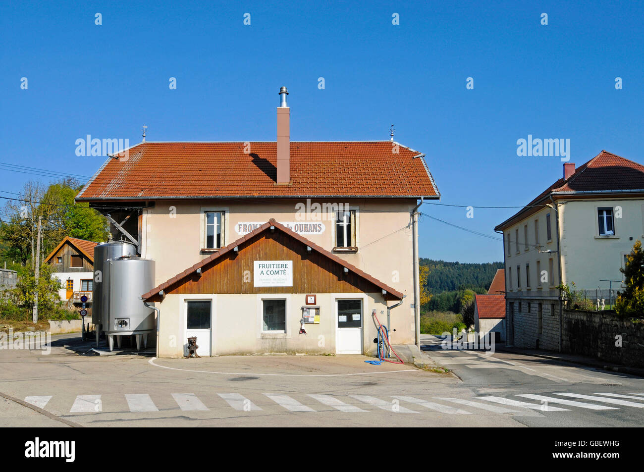 Cheese dairy, Ouhans, village, Pontarlier, Departement Doubs, Franche-Comte, France Stock Photo