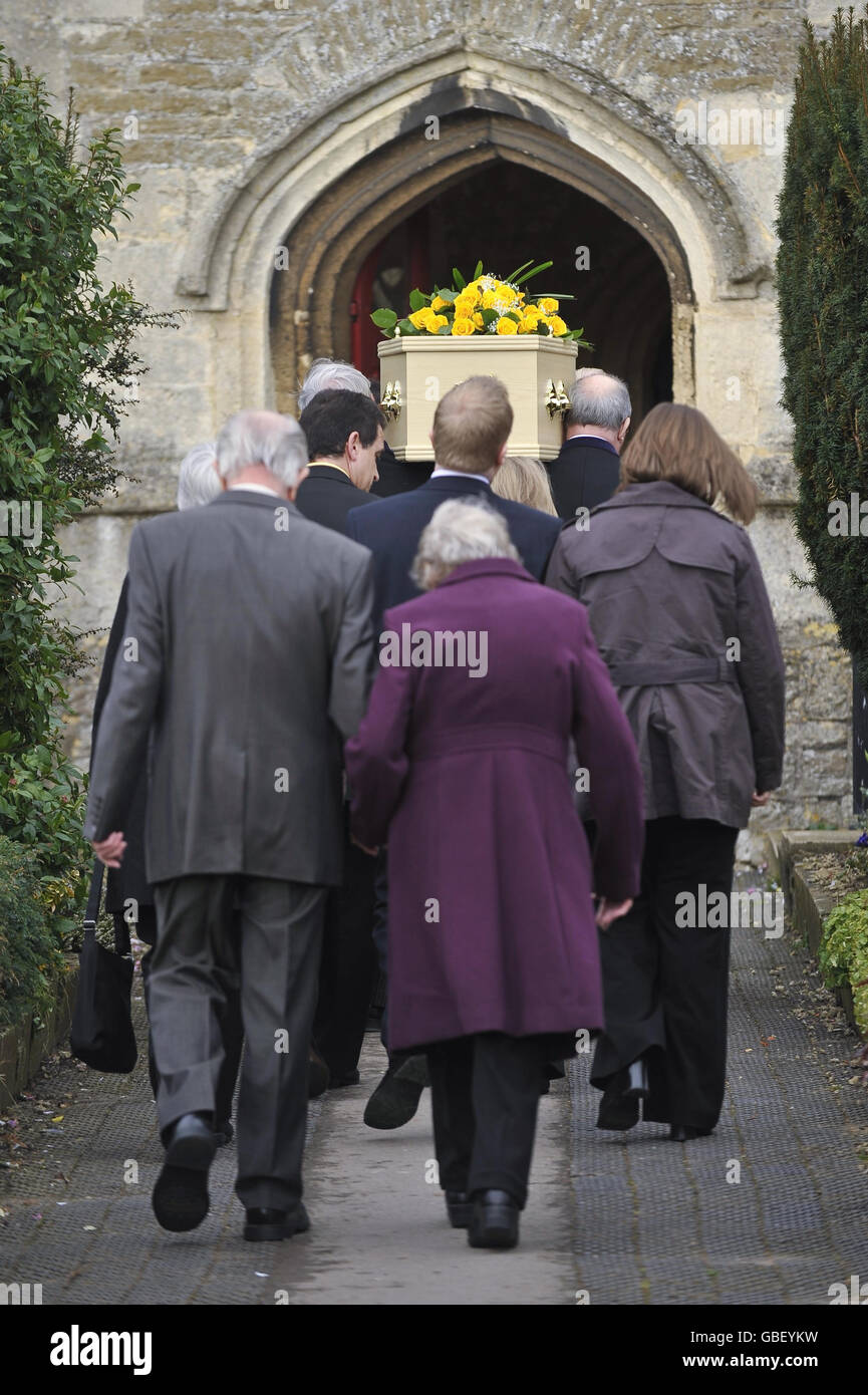 Family and friends gather for the funeral of Hannah Fisher outside St Bartholomew's and All Saints Church, Wootton Bassett, Wiltshire. Stock Photo