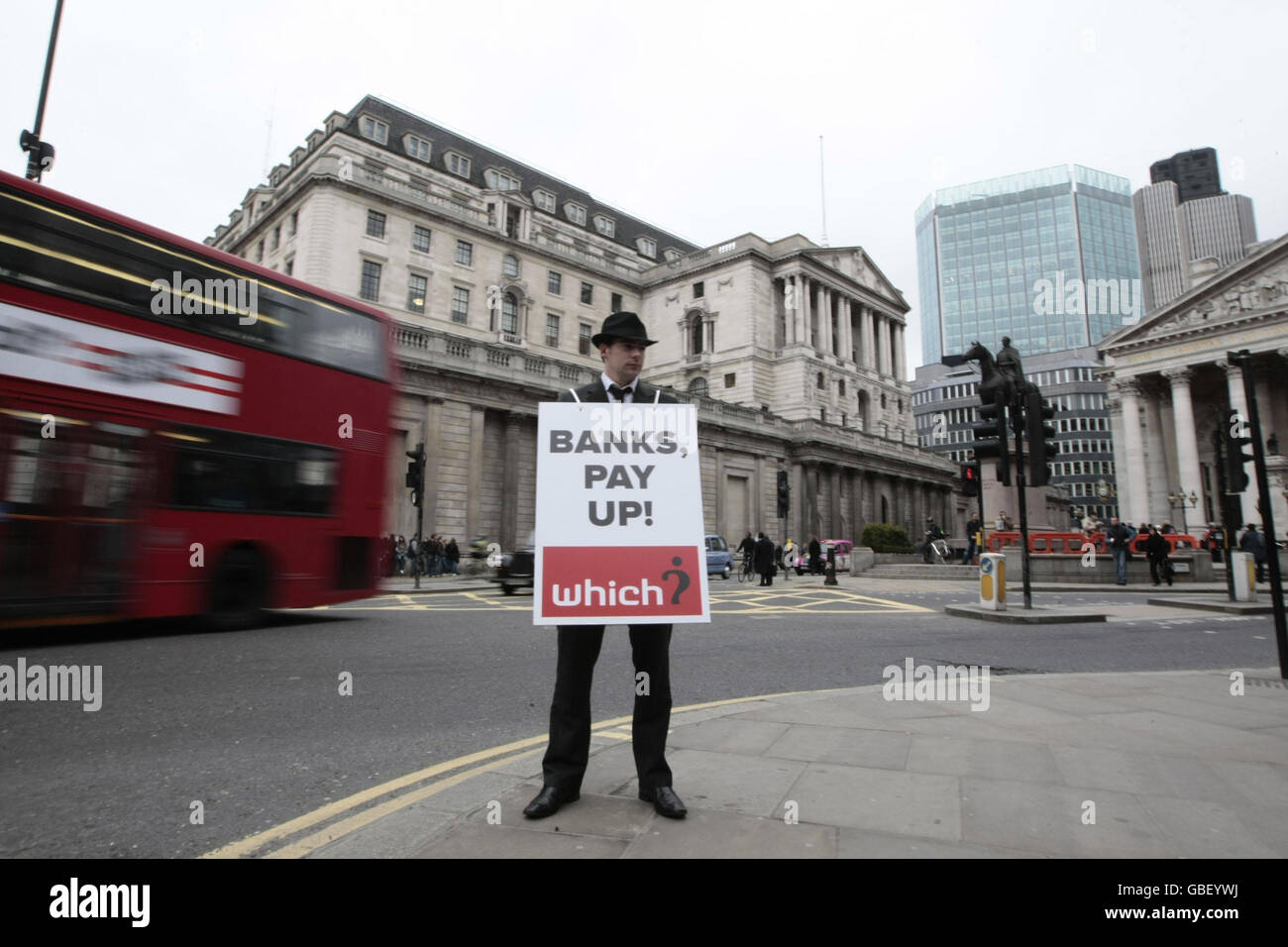 A man wearing a sandwich board protests on behalf of Which? against bank charges in London as the Court of Appeal publishes it's judgment on the bank charges test case today. Stock Photo