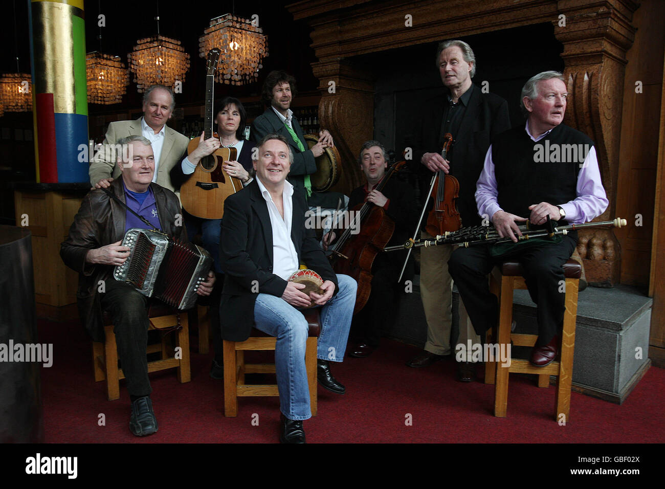 Members of the Chieftans, Planxty, Hothouse Flowers and Moving Hearts (left to right) Seamus Begley, Shaun Davey, Rita Connolly, Noel Eccles, Liam O'Maonlaoi, Niel Martin, Sean Keane and Liam O'Flynn gather in Vicar St.Dublin to announce details of their 'Super Group' performance in The Waterfront Hall Befast on May 4th in support of the charity Suicide Awareness. Stock Photo