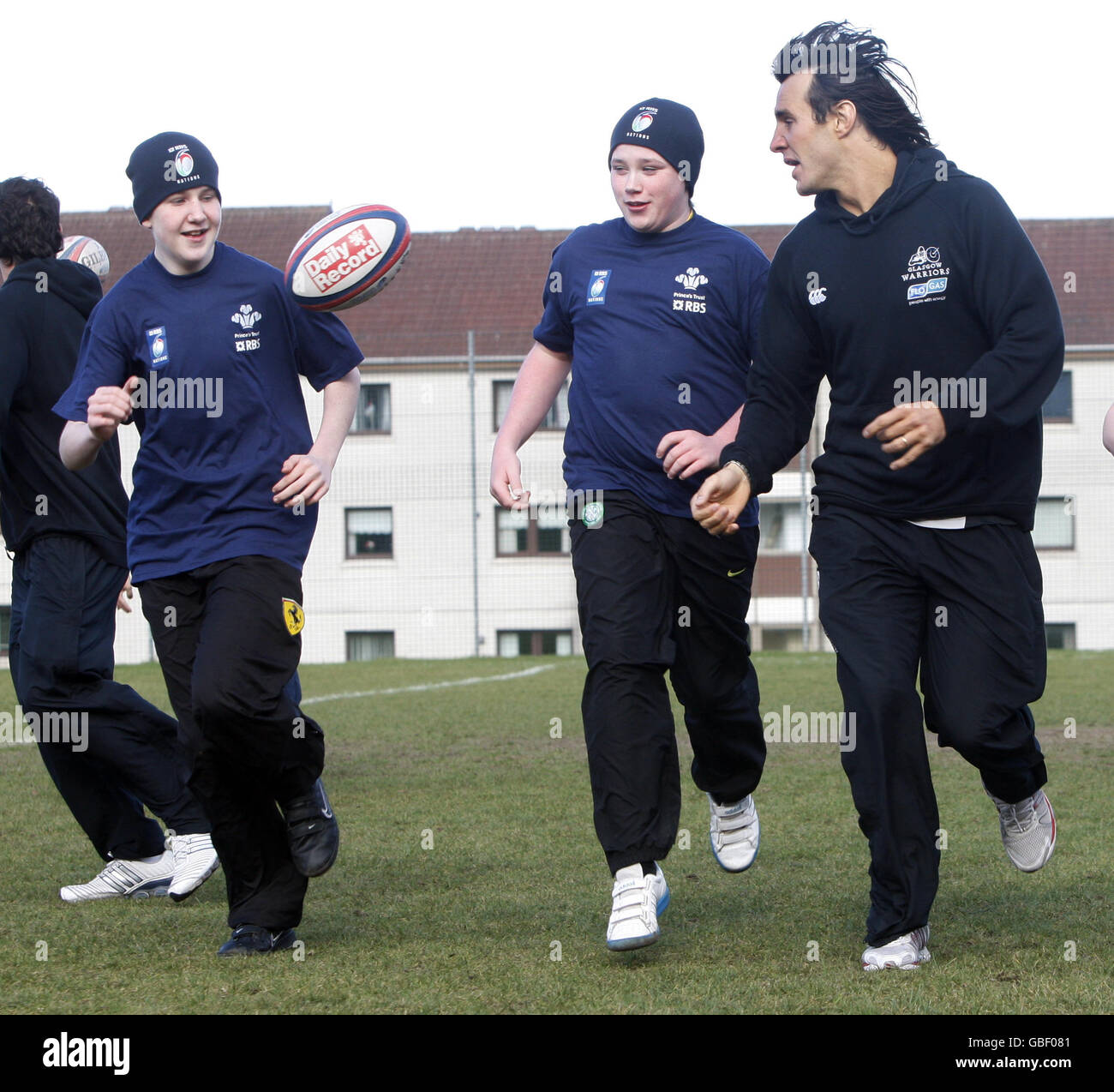 Glasgow Warriors stars Bernardo Stortoni during a training session with pupils from St Margaret Mary's Secondary School, Glasgow. Stock Photo