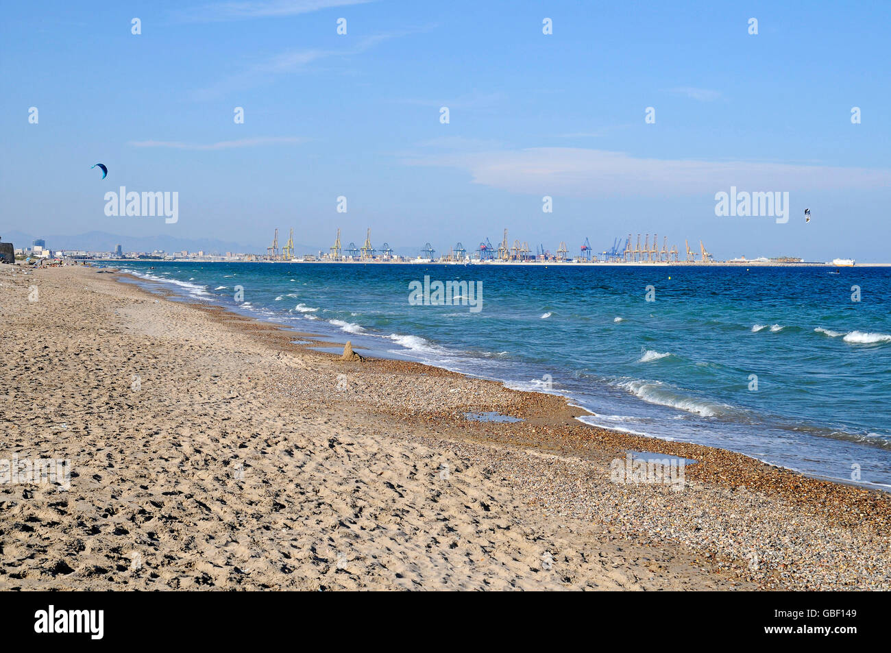 Playa de El Saler, beach, industrial port, harbour, Valencia, Valencian Community, Spain, Europe Stock Photo