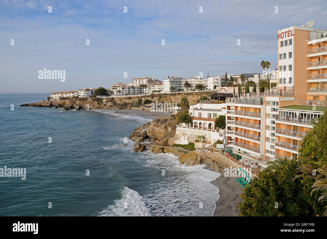 Hotel, Playa El Salon, beach, Nerja, Malaga Province, Costa del Sol, Andalusia, Spain, Europe Stock Photo
