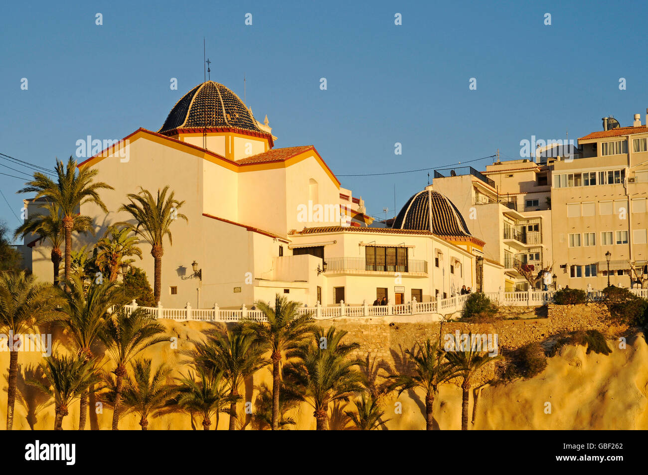 San Jaime, church, palm trees, evening light, Benidorm, Costa Blanca, Province of Alicante, Spain, Europe Stock Photo